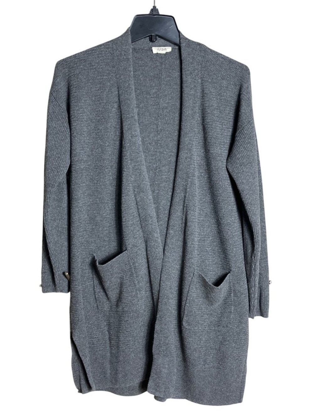 Gray Tunic Cardigan Sweater Open Cozy Soft Textured Basic Layers Pockets Wom S